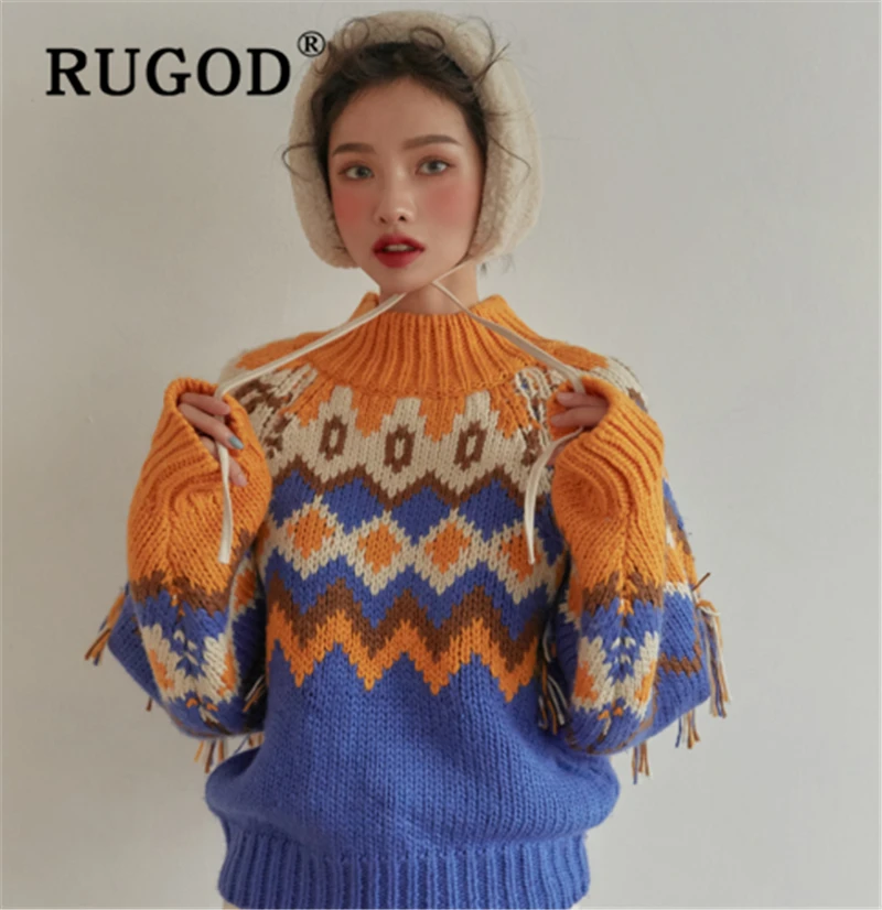 RUGOD шикарный вязаный лоскутный свитер женский корейский рукав-фонарик народные