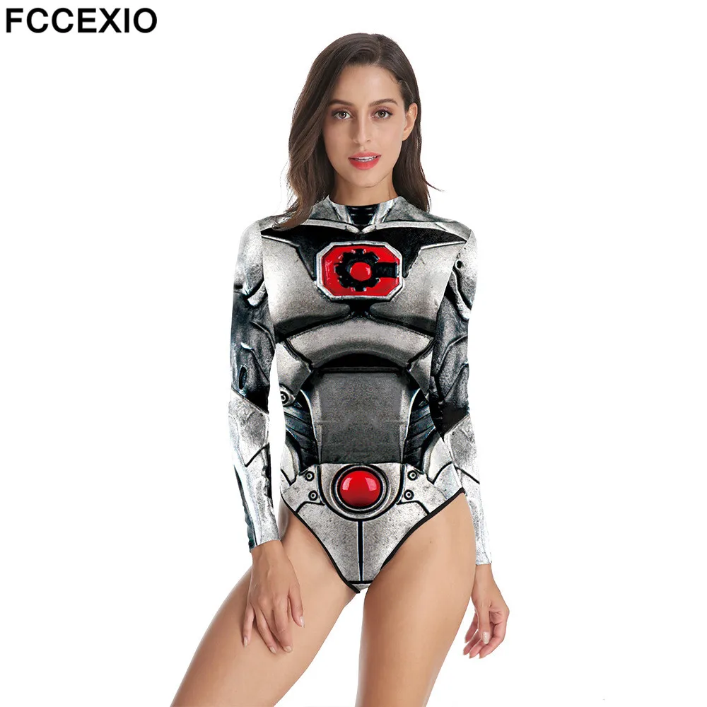 

FCCEXIO Armor Equipment 3D Print Women One-Piece Swimsuit Summer Casual Long Sleeve Beachwear Bathing Suit Sexy Tight Swimwear
