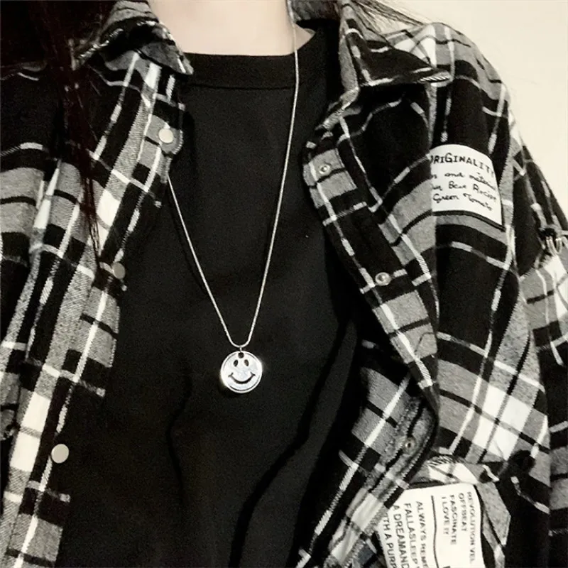 

Silver Color Hollow Simling Face Round Pendant Minimalist Figure Face Long Sweater Chain Necklace For Women Gift Necklace