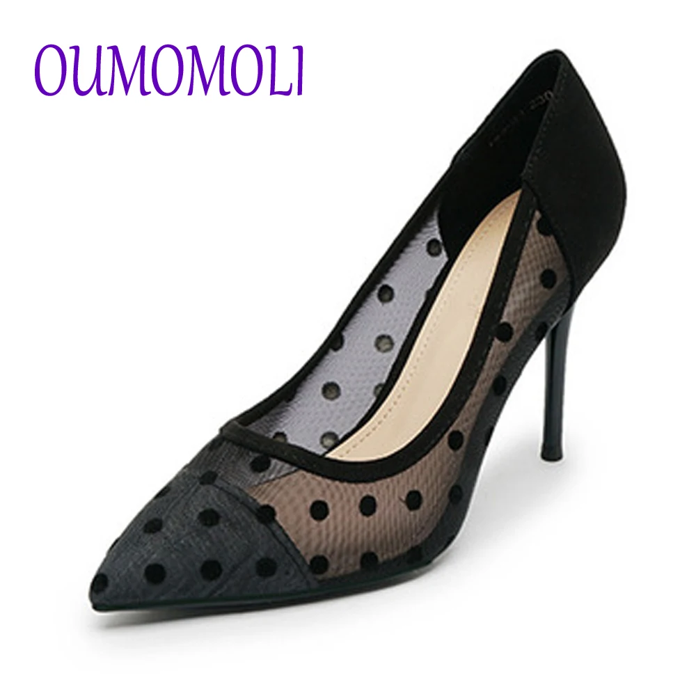 Женские винтажные босоножки на высоком каблуке с острым носком в горошек Q625