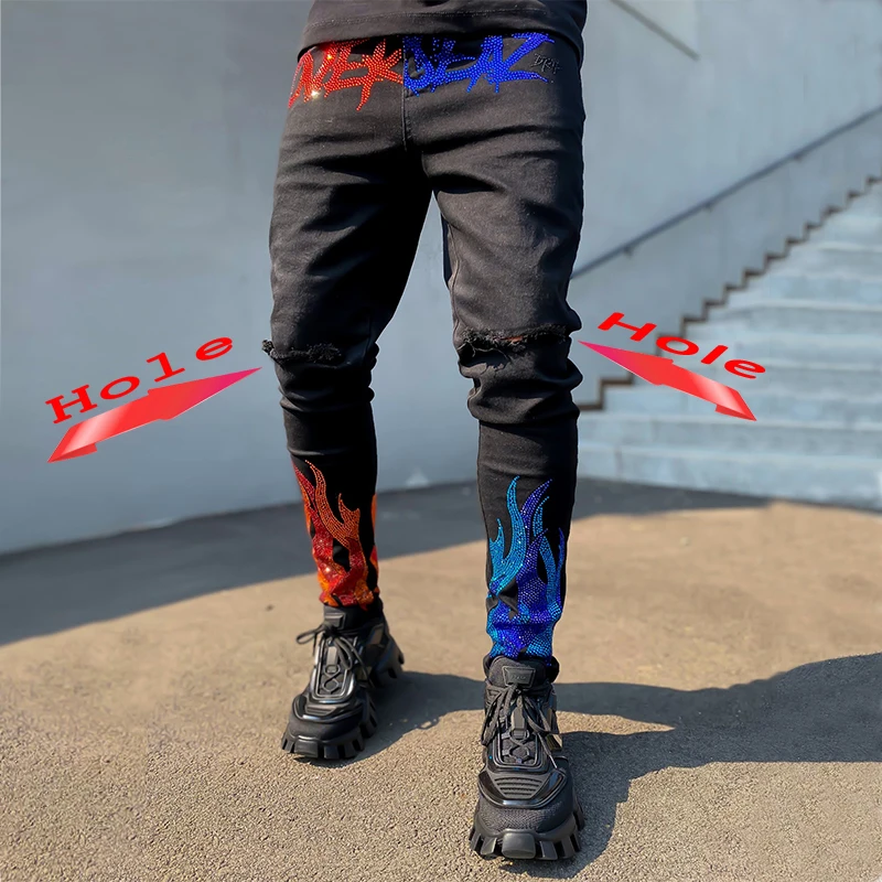2021 Men's Jeans Ripped Skinny Hole Biker Trousers Stretch Slim Denim Pencil   Pants Street Punk Black Hot Drill Jeans For Men