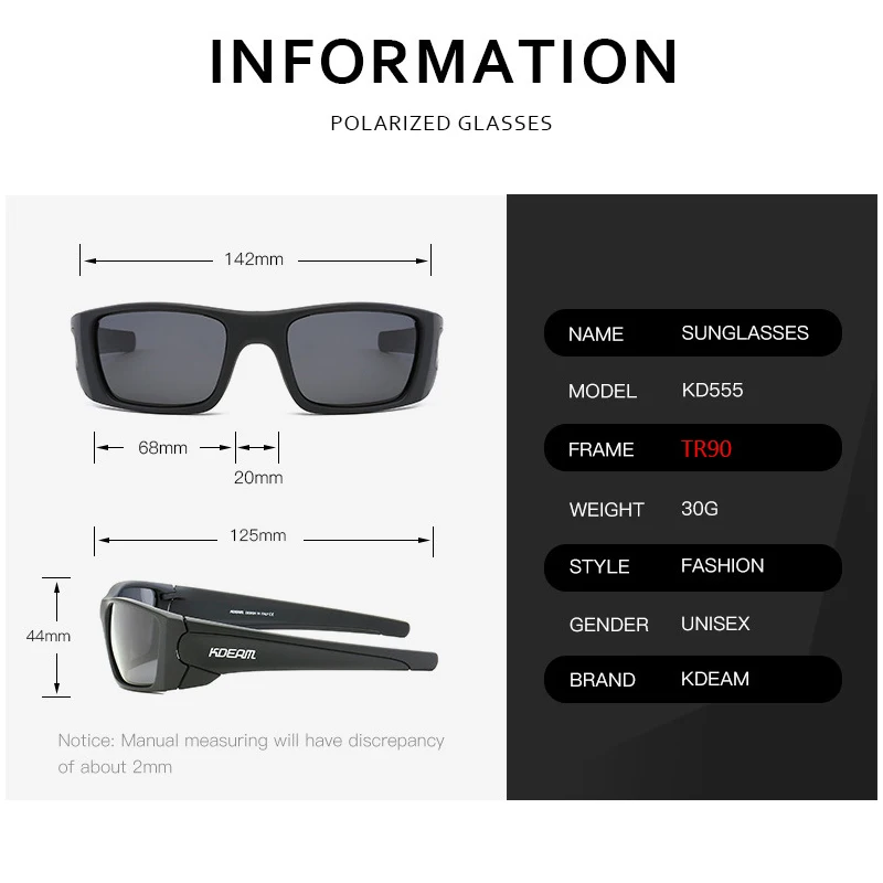 Мужские и женские солнцезащитные очки KDEAM поляризационные большого размера