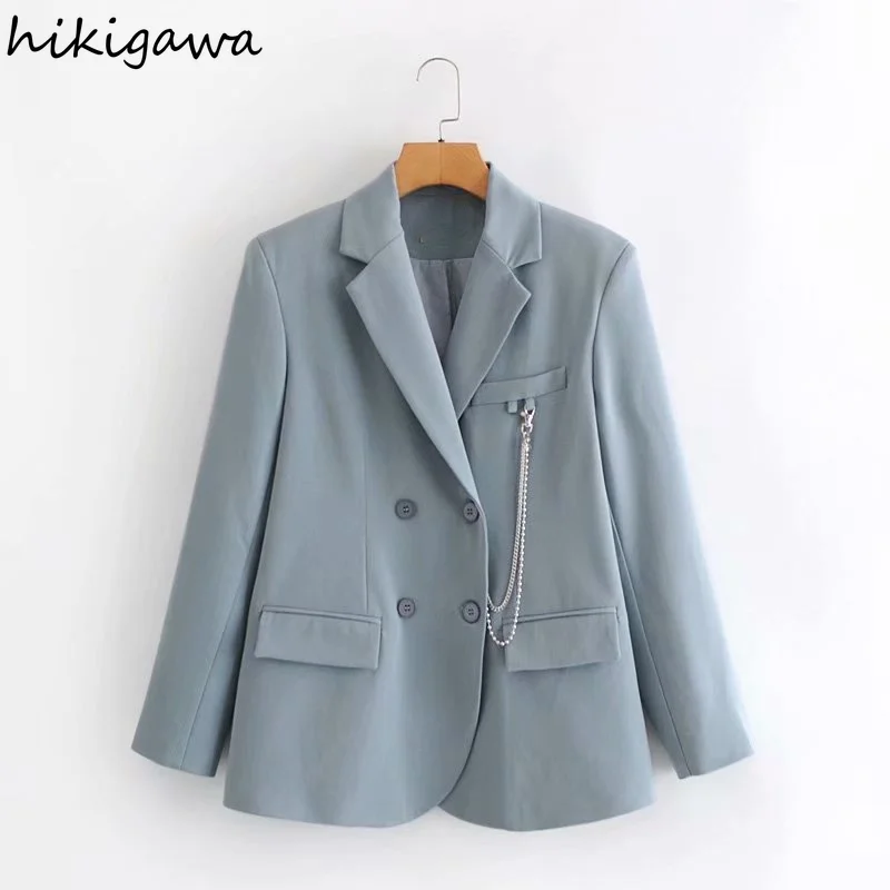 

Hikigawa Blazers New Fashion Casual Loose Notched Collar Long Sleeve Double Breasted Coat Solid England Style Elegant Jacket