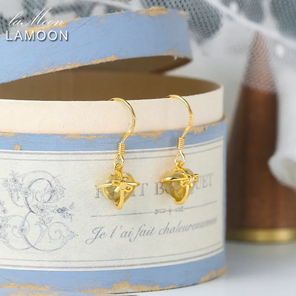 

LAMOON 925 Серебро Висячие серьги для женщин романтическое сердце натуральный ювелирные изделия с цитрином 14K желтое позолоченное кольцо с овальной вставкой, хорошее ювелирное изделие, LMEI013