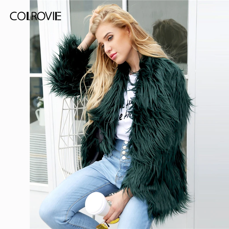 COLROVIE/однотонная верхняя одежда из искусственного меха; женские зеленые Элегантные Осенние пальто с открытым передом; модное пальто с воротником-водопадом; зимняя верхняя одежда