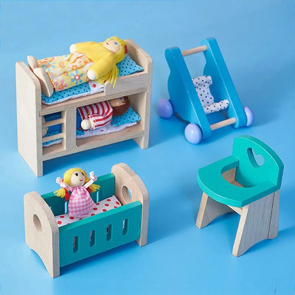 Casa de muñecas de madera para habitación de bebé, conjunto de muebles en miniatura, juguetes ensamblados DIY con silla, cama, cochecito, manualidades delicadas