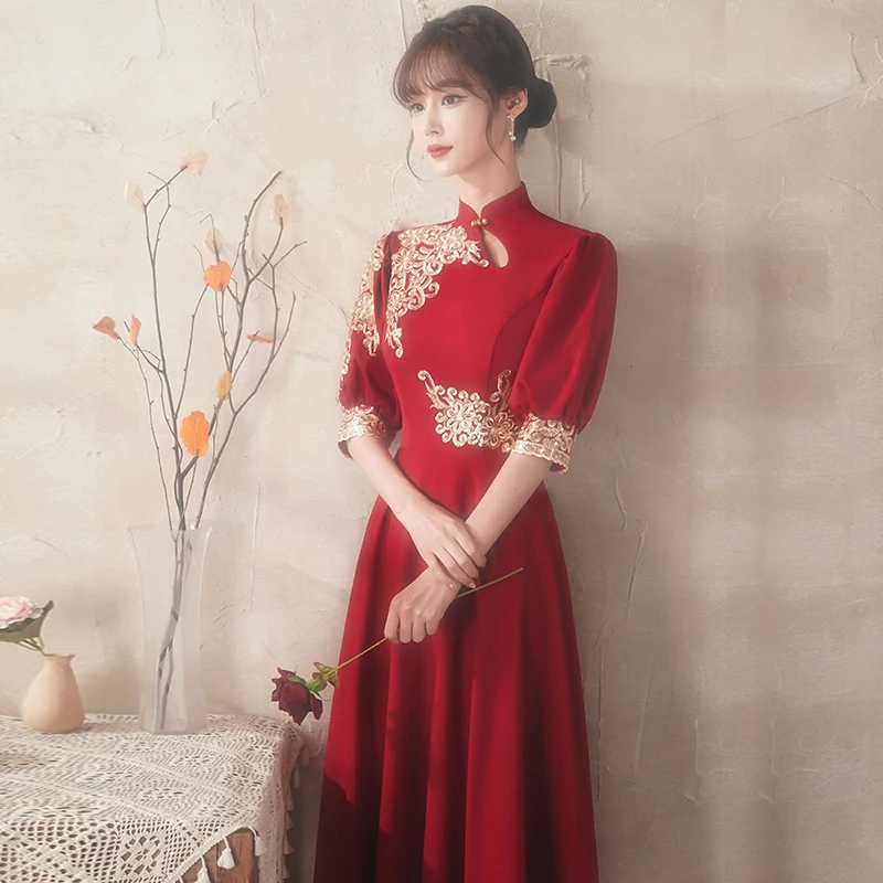 Chinese Women s wine Wine Red Summer Cheongsam Wedding/Engagement Dress-Long Style-Puff Sleeves(Cover Your Arms)-Slim Style