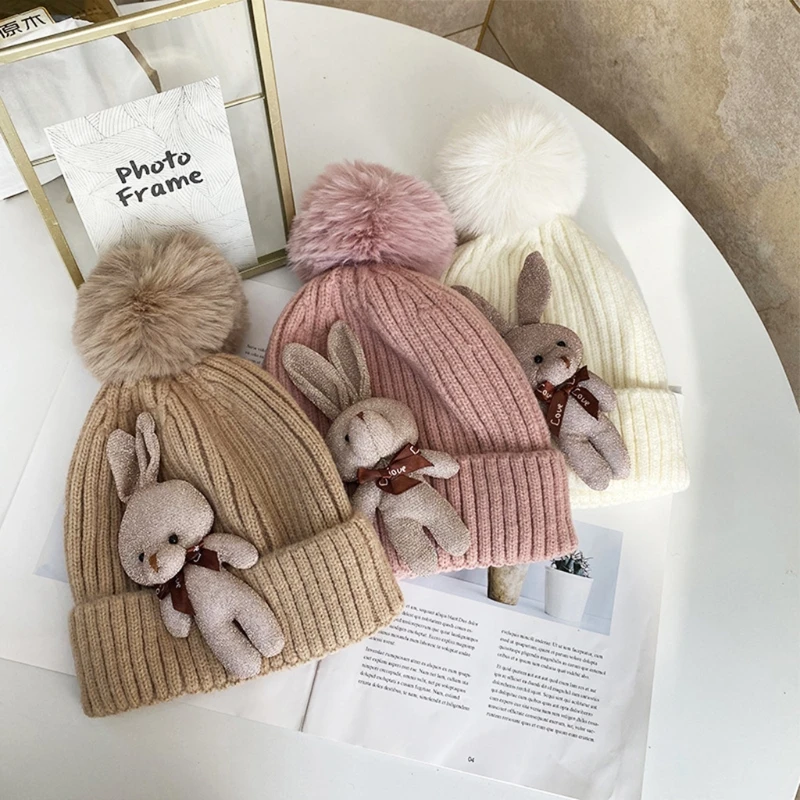 

Japanese Women Winter Warm Knitted Beanie Hat Kawaii Cute 3D Stuffed Rabbit Doll Charms Stretch Cuffed Skullies Cap