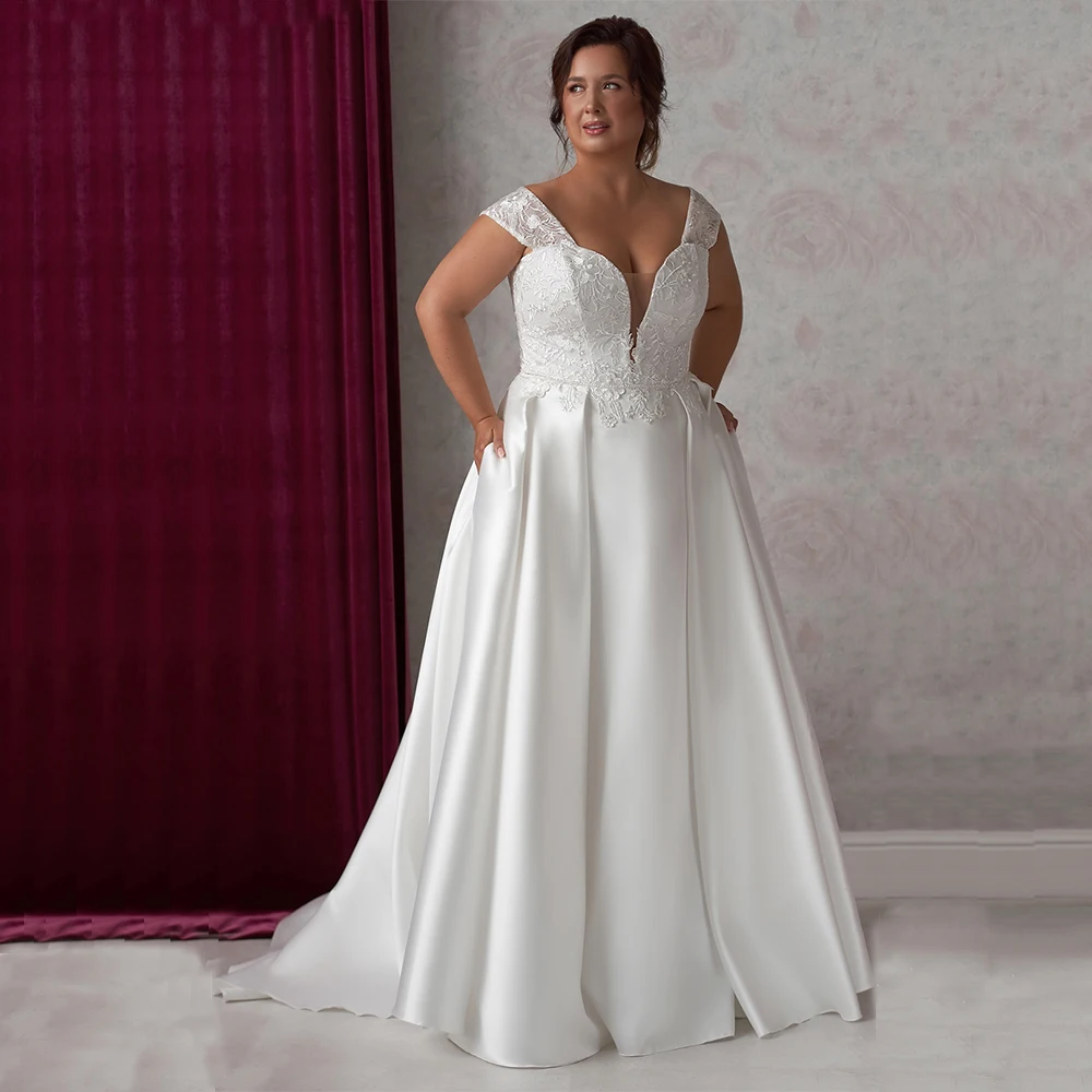 

Elegant A Line Wedding Dresses Satin Short Cap Sleeve Sweetheart Applique Sweep Train Plus Size Bridal Gowns Robe De Mariee 2023