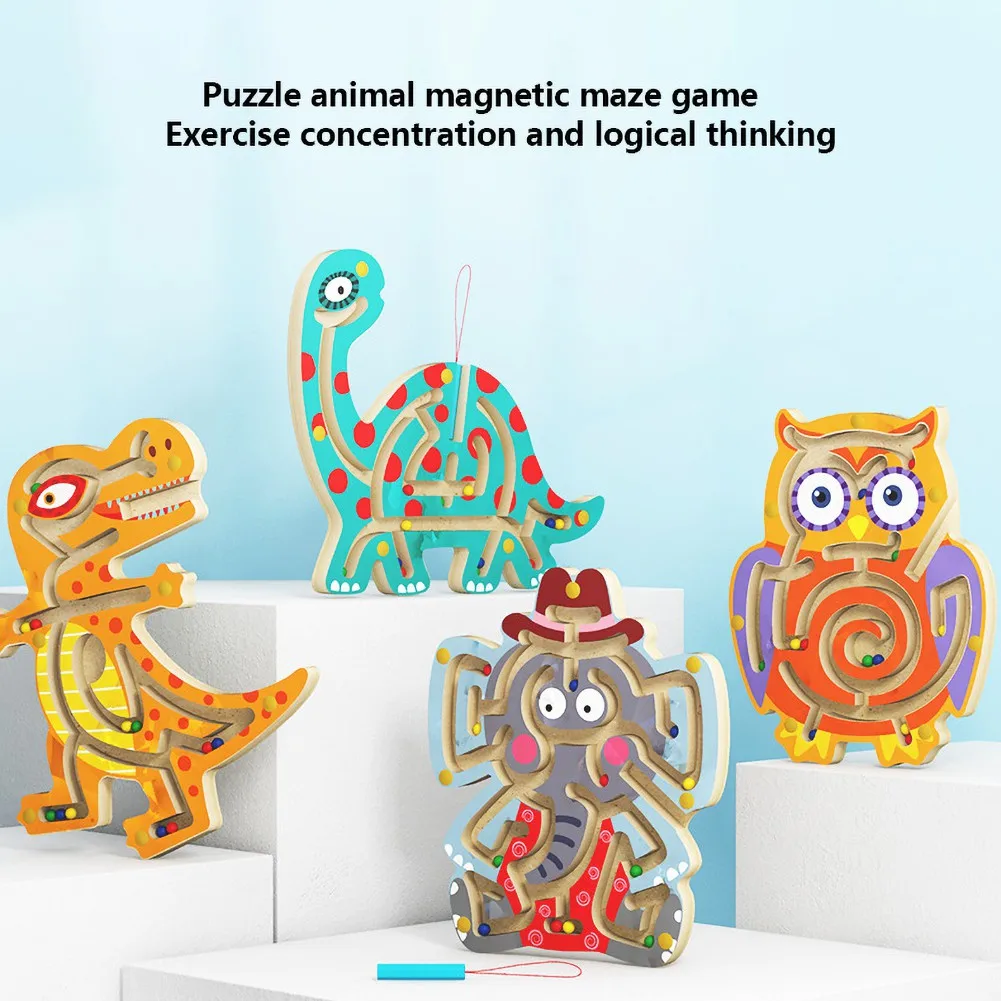 

Magnetic Maze Toys Mini Wooden Round Maze Puzzle Interactive Maze Pen Driving Beads Maze on Board Game Eduactional Toys for Todd