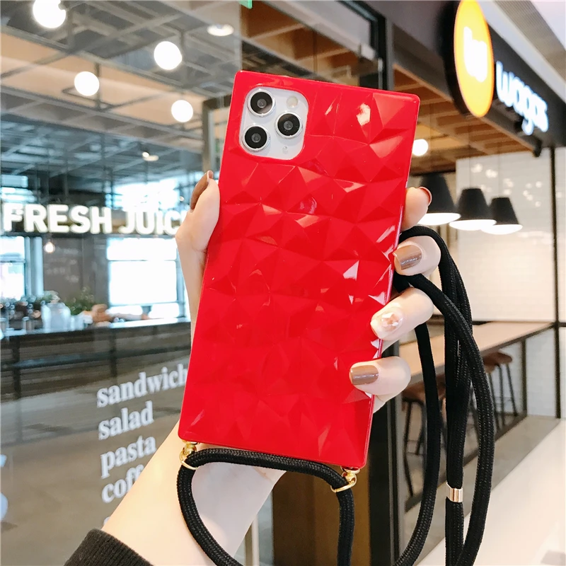 Квадратные Чехлы Kjoew с ромбовидным ремешком для телефона iPhone 11 X XR XS Max Pro мягкие IMD 6