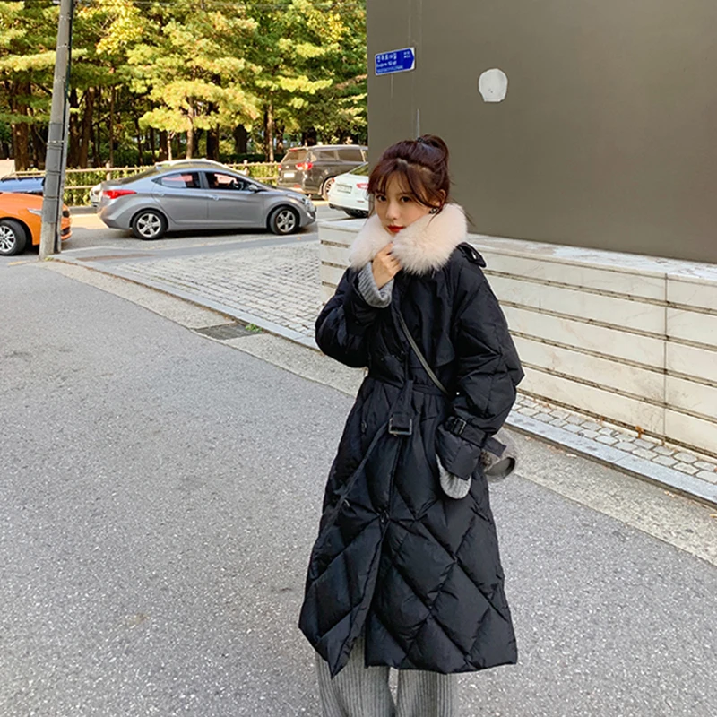 Зимнее женское длинное пуховое пальто с капюшоном и воротником из натурального