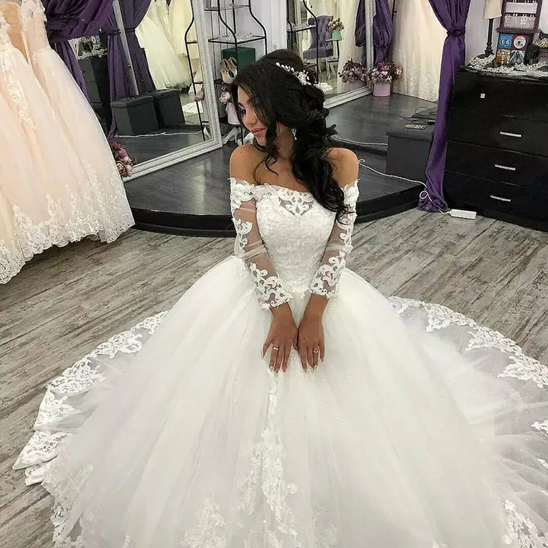 

Lover Kiss Luxury Princess Wedding Dresses Ball Gown Long Sleeves Off Shoulder Corset Back Lace Bridal Gowns Robe de Mariage