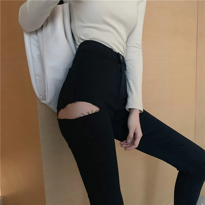 

2021Summer Jeans Woman Black Ripped Jeans Casual Slim Solid Hole Long Jeans Zippers Sexy Skinny Pants Daily Trousers FC950