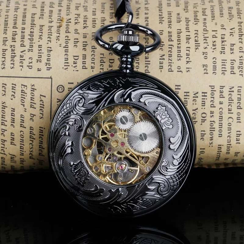 Antique Black Hand Wind Mechanical Pocket Watch Men Necklace Fob Pocket Watch for Men zuster klokje relogio de PJX1215
