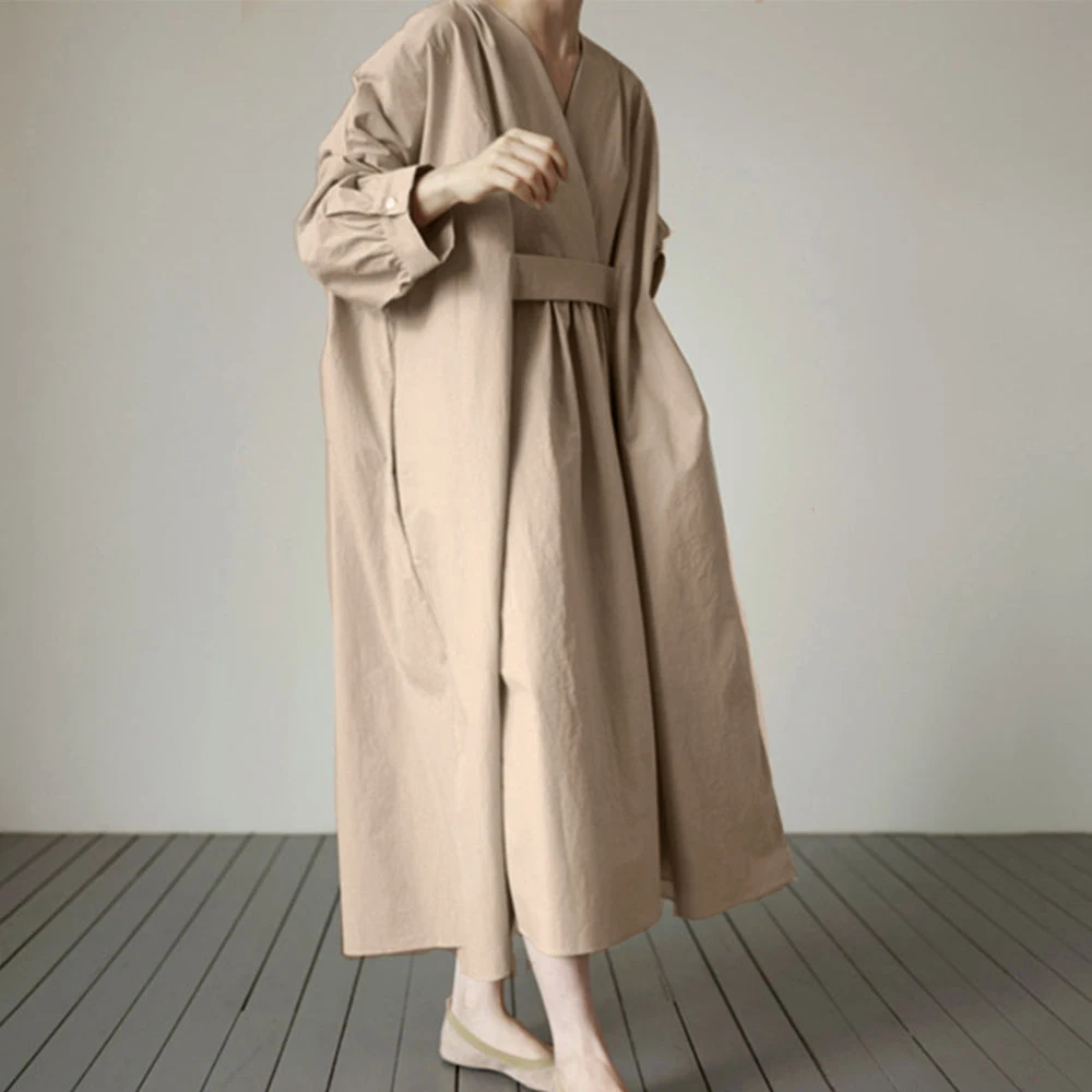 

Korea Fashion Women Loose Casual Dress Simple Long Dresses Long Sleeves Hedging College Black Female V-neck Maxi Dress Vestidos