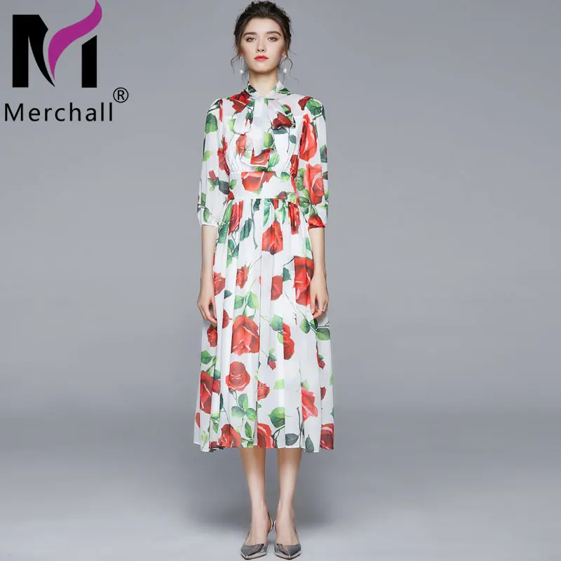 

Merchall 2021 Holiday Vacation Elegant Chiffon Lantern Sleeve Bow Neck Long Dress Woman Flower Print High Waist Dresses M78626