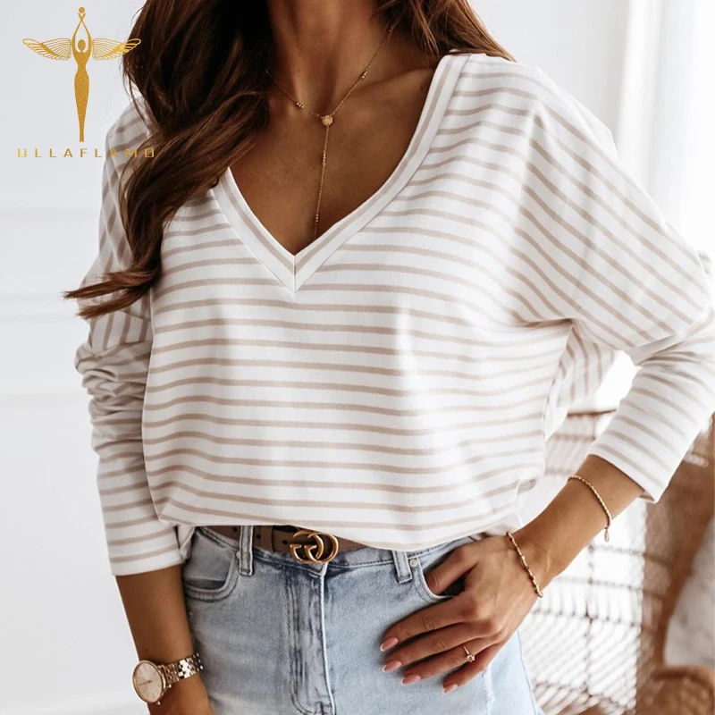 

White Striped Long Sleeve Female T Shirt Casual Korean Loose Wild Tops Pullover Tee Autumn V Neck T Shirt Women's Clothing