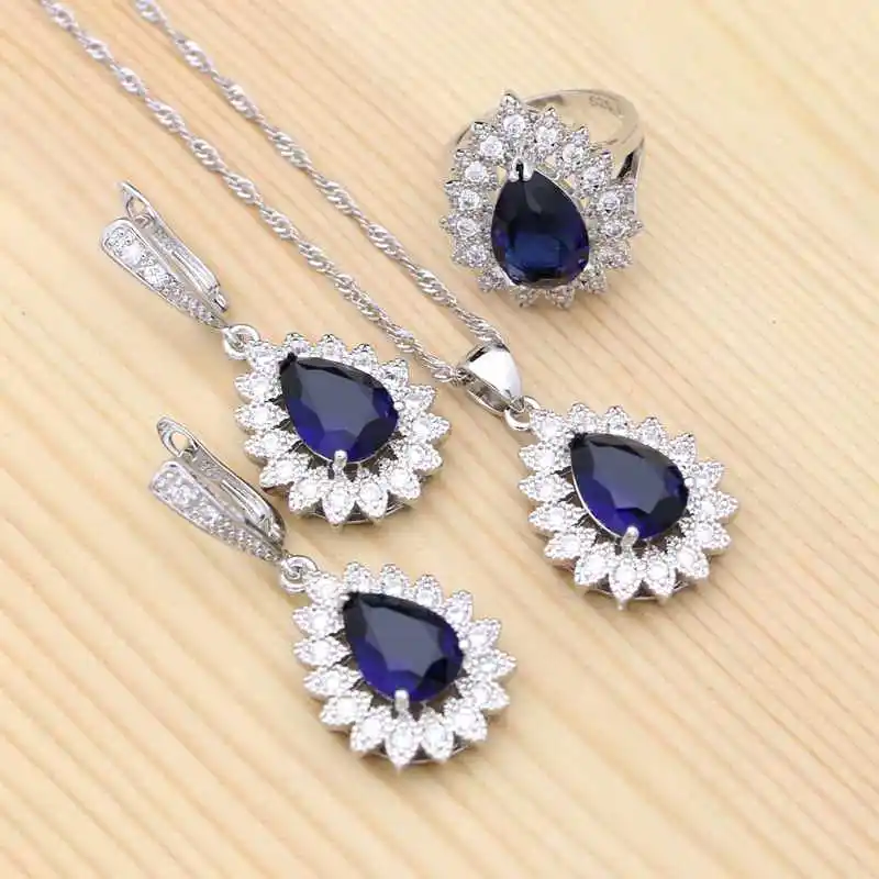 

925 Silver Bridal Jewelry Blue Cubic Zirconia White Crystal Trendy Jewelry Sets For Women Wedding Earrings/Pendant/Necklace/Ring