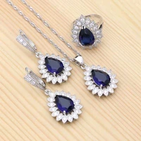 925 silver bridal jewelry blue cubic zirconia white crystal trendy jewelry sets for women wedding earringspendantnecklacering