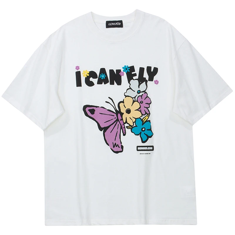 

Летние мужские футболки с короткими рукавами в стиле хип-хоп с цветочным принтом бабочек 2022 Уличная одежда Harajuku Футболка Хлопковая повседн...