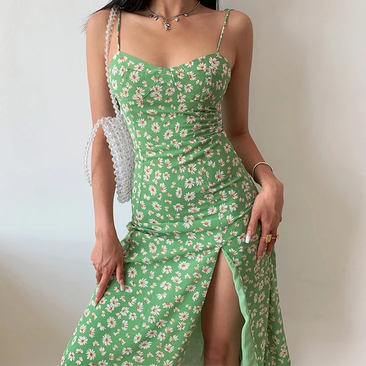 

Green Sexy Split Dress Sexy 2021 Summer Daisy Straps French Daisy Print Suspender Cottagecore Dress Backless Vestidos Elegant