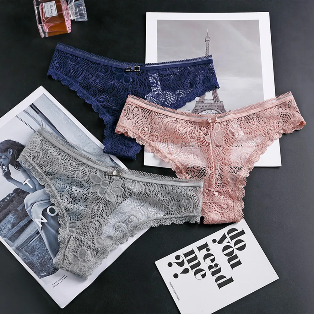 

3Pcs Transparent Lace Panties For Women Fashion Girls Briefs Comfortable Lingerie Solid Women's Underpants Low Waist Underwear