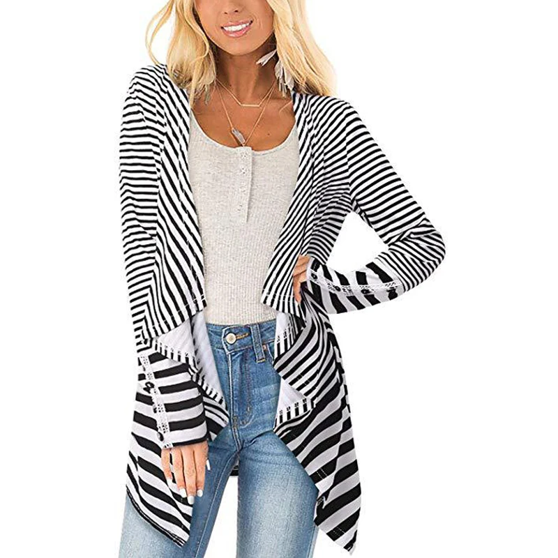 Женское повседневное пальто кардиган в полоску с длинным рукавом для осени и