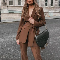 2021 new winter fashion womens office ladies clothing lapel full sleeved single breasted loose casual suit pants suit two piece