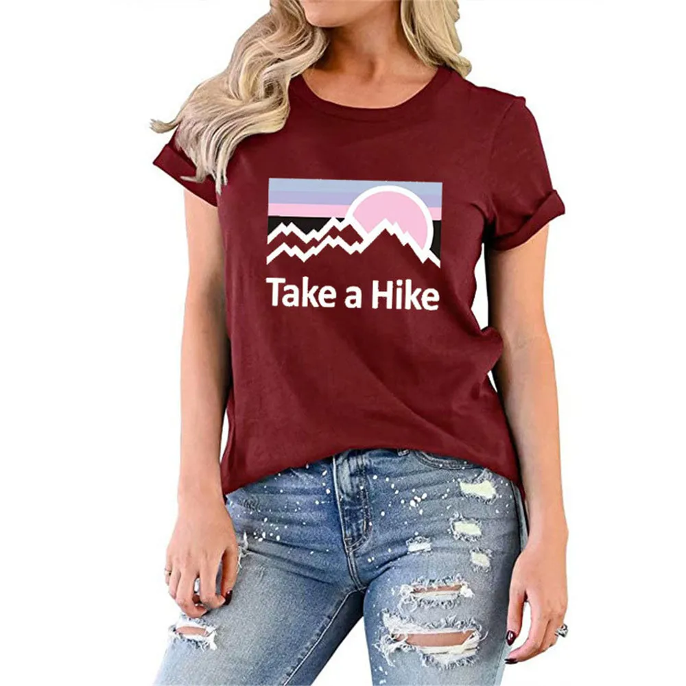 

Take A Hike Letter Print Women's T-shirts Aesthetic Sunrise Graphic Summer Tees Shirt Female O-neck Short Sleeve Harajuku Tops