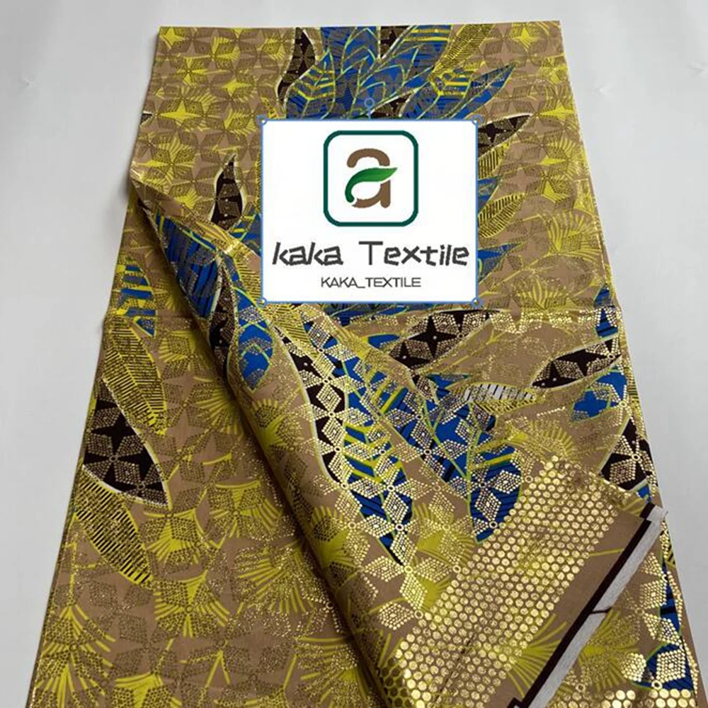 2022 African Wax Fabric Ankara Cotton Material Pagne Stuff Loincloth Golden Print Batik Shining 6Yards For Sewing Wedding Dress
