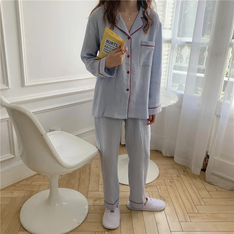 New Double Layer Yarn Cotton Pajamas Women's Long Sleeve Cardigan Two Piece Suit In Spring And Autumn 2020