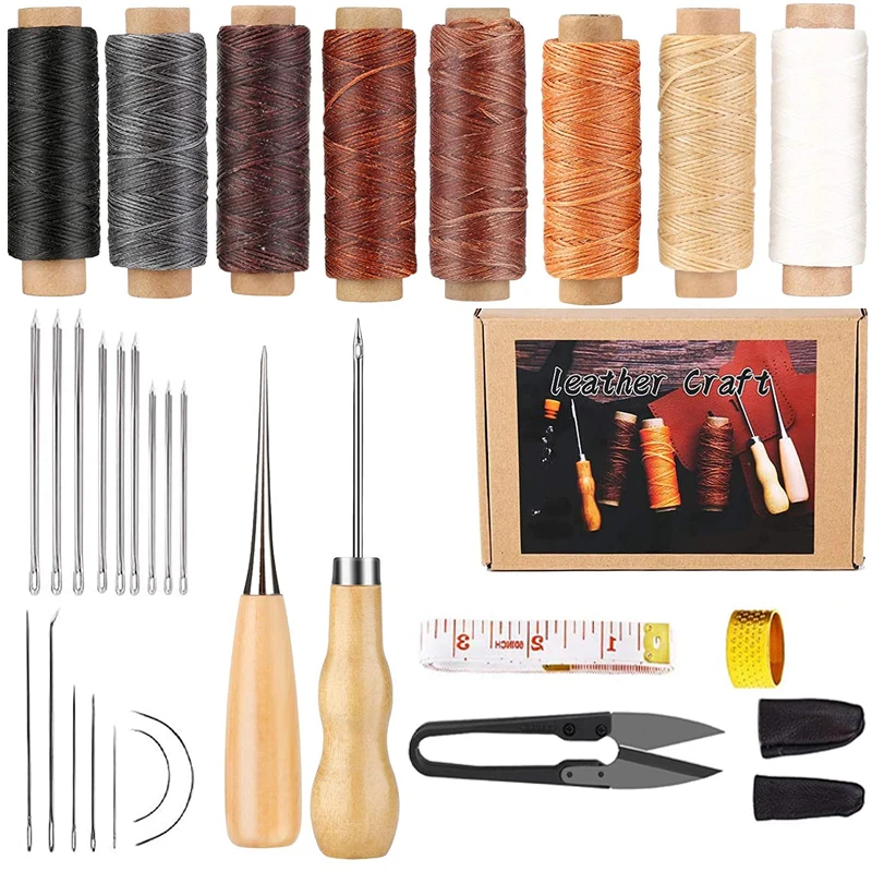 

MIUSIE 30Pcs Set Leather Craft Stitching Kit, Leather Repair Tool with 8 Color Waxed Thread and Large-Eye Stitching Needles
