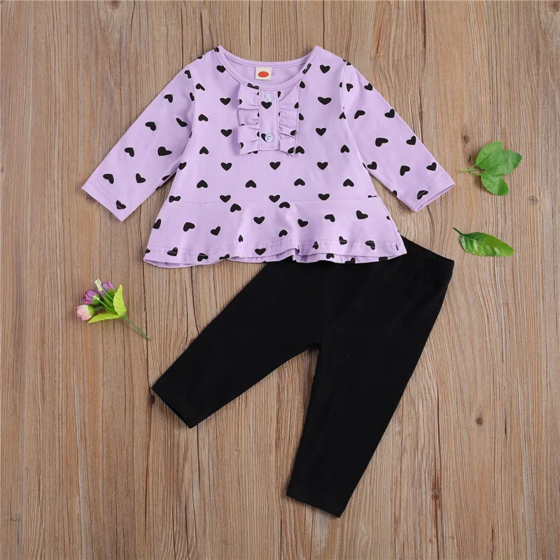 

Newborn Baby Girls 2 Piece Outfit Set Long Sleeve Heart Print T Shirt Top Solid Color Pants for 0-3T