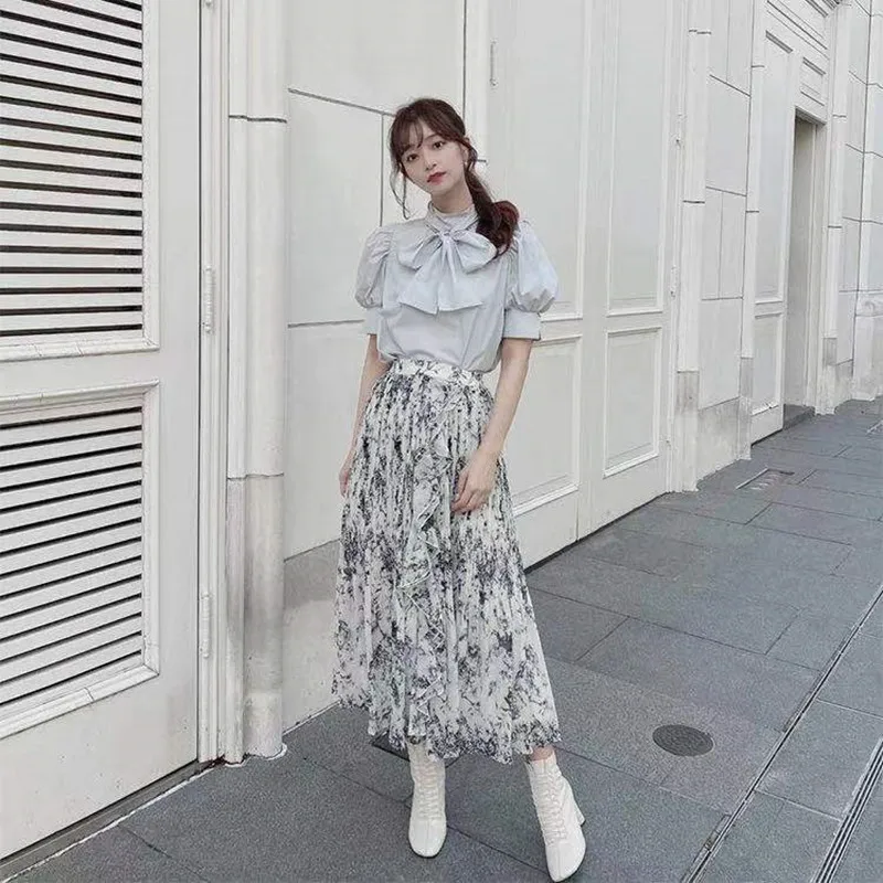 Женская хлопковая рубашка с бантом блузка рукавами фонариками и перекрестными