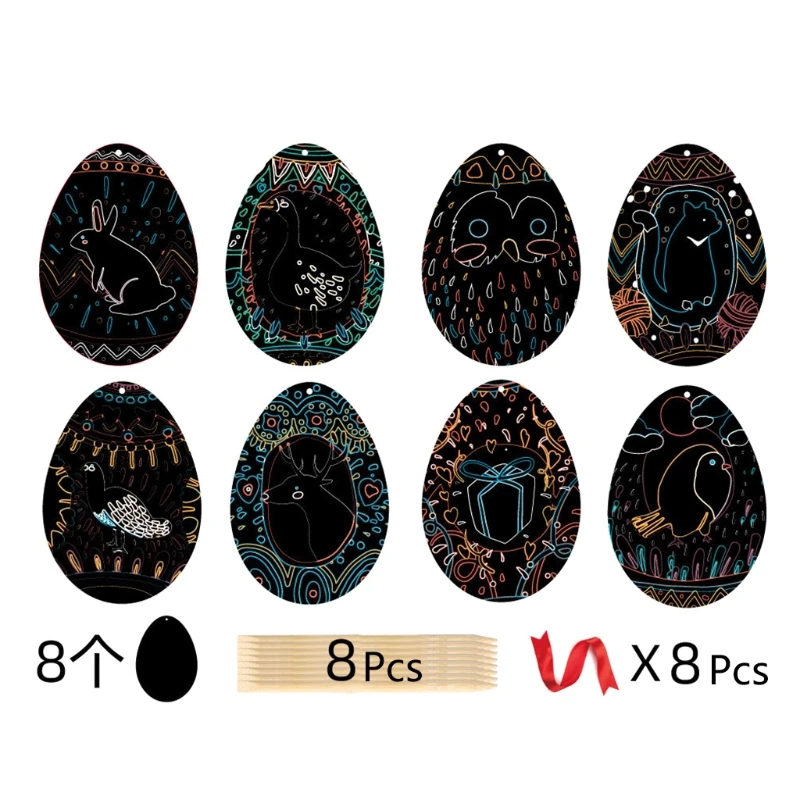 

1 Set Easter Scratch Picture Pendant with Easter Egg Wooden Pens Ribbons Kids Children DIY Crafts Art Paint Decorations 28GF