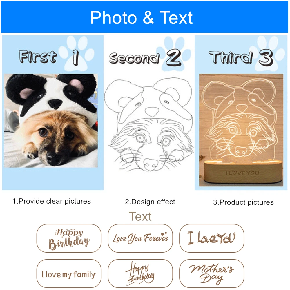 Персонализированные пользовательские фото 3D лампа USB ночник текст Настроить