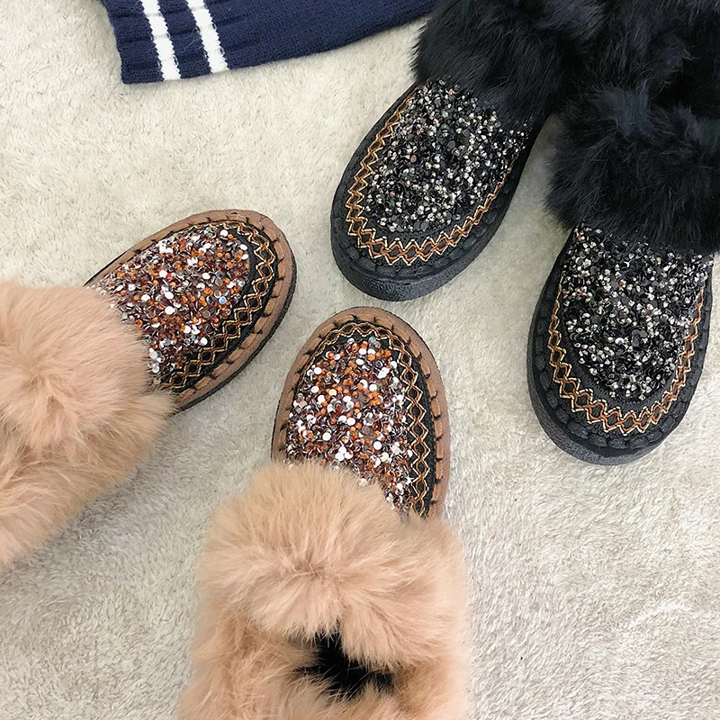 

Women Shoes Female Home Fur Flat Shoes Furry Snow Boots Women Bling Rhinestone Fashion Winter Woman Shoes Ladies Warm Loafers