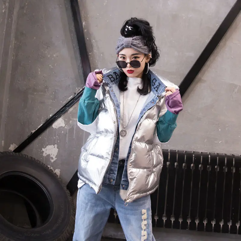 

2021 winter loose plus size denim stitching sleeveless fake two-piece short padded vest women