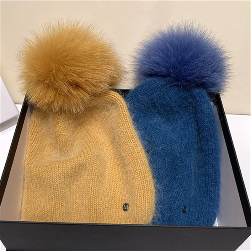 New Winter Real Rabbit Fur Knitted Beanies For Women Fashion Solid Warm real fox fur pompom hat Beanies Female warm Thick Hats