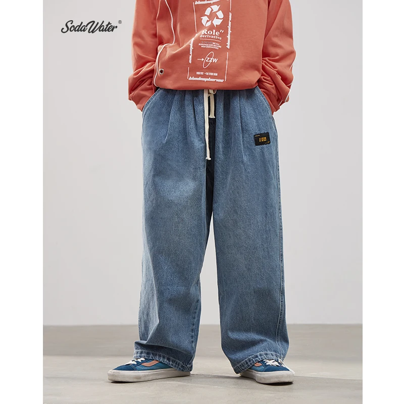 SODAWATER Для мужчин свободные прямые джинсы 2019 уличная Drawstring хлопка черные