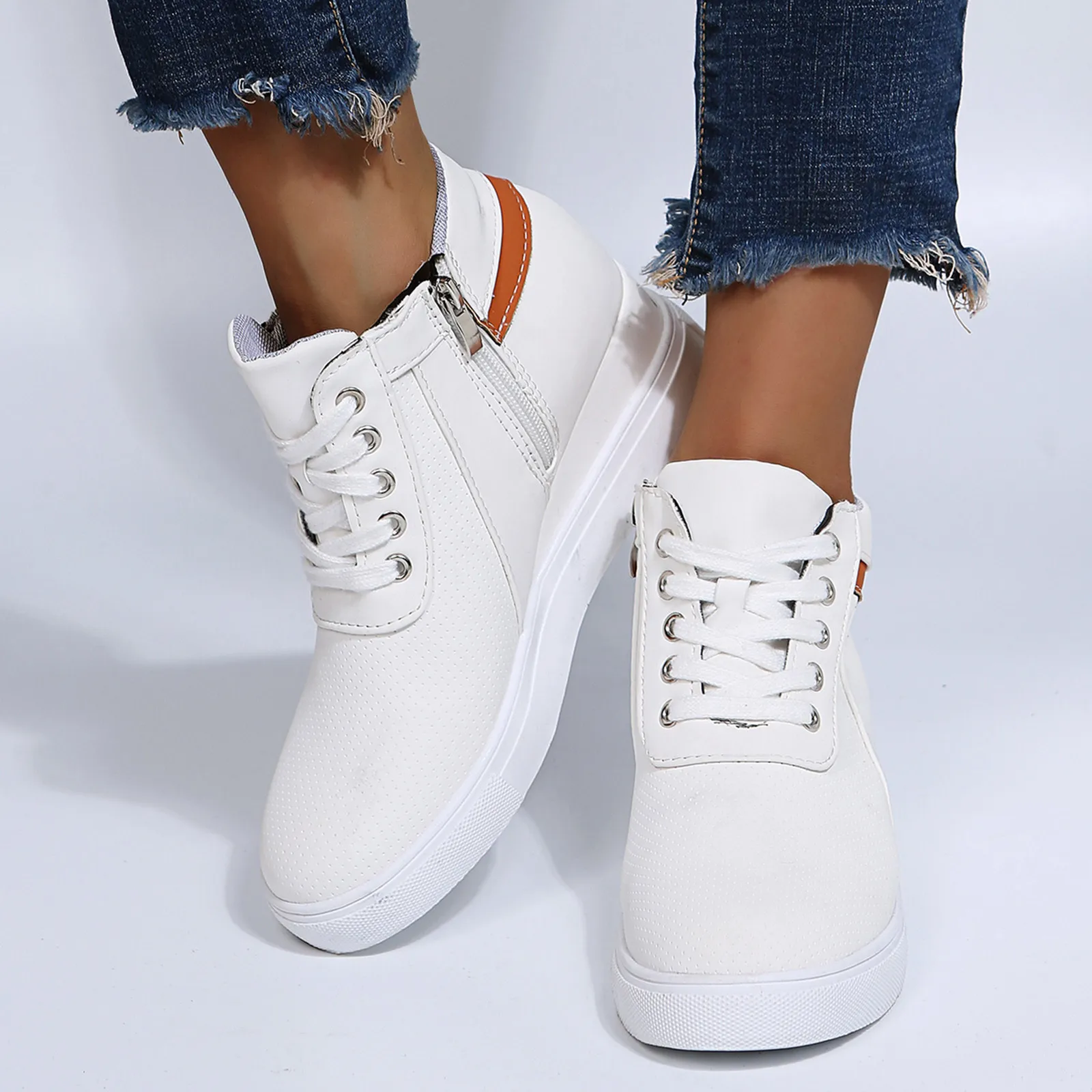 

Casual Shoes For Women Wedges Sport Shoes Lace-Up Wild Round Toe Thick-Bottomed Solid Color Sneakers 2021 New Trendy Shoes