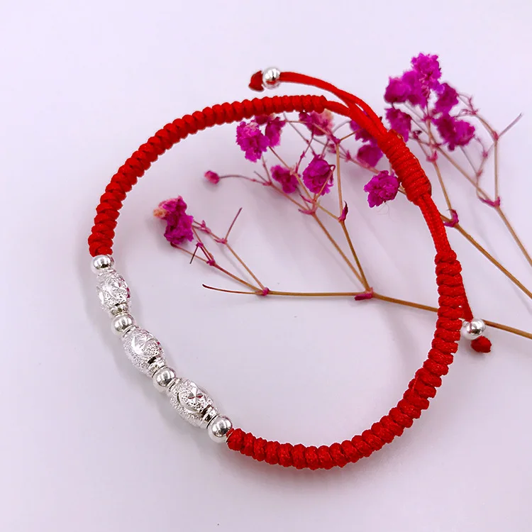 Браслет из стерлингового серебра S925 пробы с красным веревочным браслетом ручная