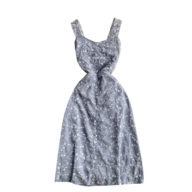 

Vacation Floral Halter Dress Female Vintage Embroidery Slim Spaghetti Strap Sweet Dresses Women Chiffon Elegant Midi Dress Lady