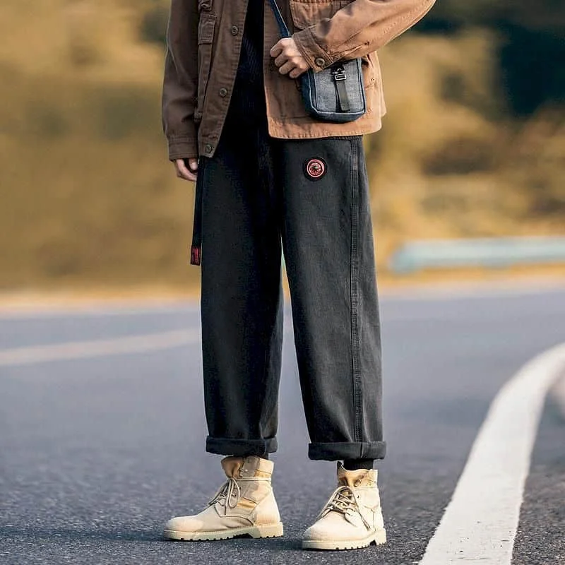 

Loose Straight Pants Korean Washed Jeans for Men Women Joggers Trendy Loose Drawstring Labeled Black High Street Punk Techwear