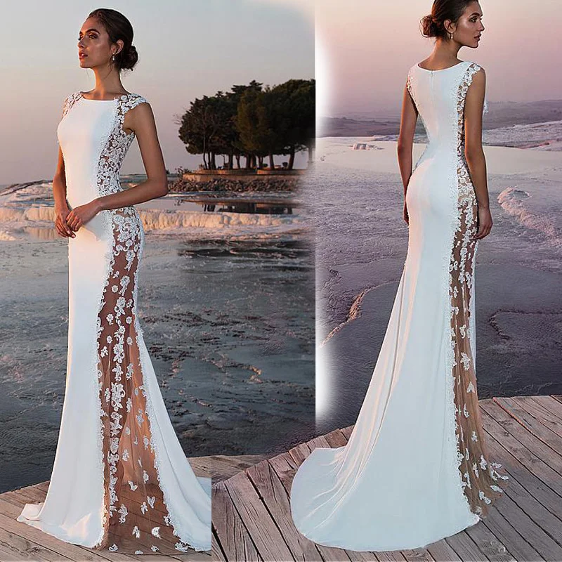 

New Sexy Evening Dress Female Mesh Fishtail Skirt White Evening Dress Slim Dress Elegant Split Ends