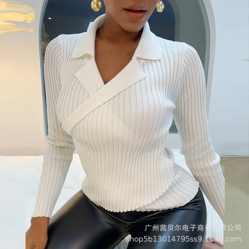 

Mandylandy Jumper V-neck Knitted Pullovers Tight White Women Sweater Long Sleeve Slim Fit Solid Color Autumn Female Sweaters