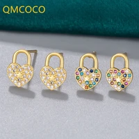 qmcoco silver color korean simple elegant love heart shape lock ear stud earrings for women fashion zircon exquisite earrings