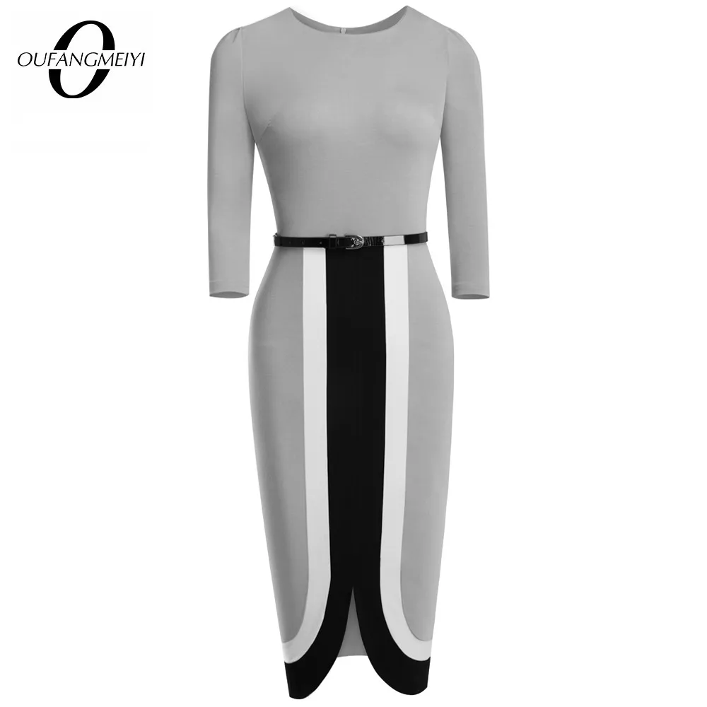 

Женское облегающее офисное платье-карандаш с круглым вырезом, рукавом 3/4 и поясом контрастных цветов, 1EB549