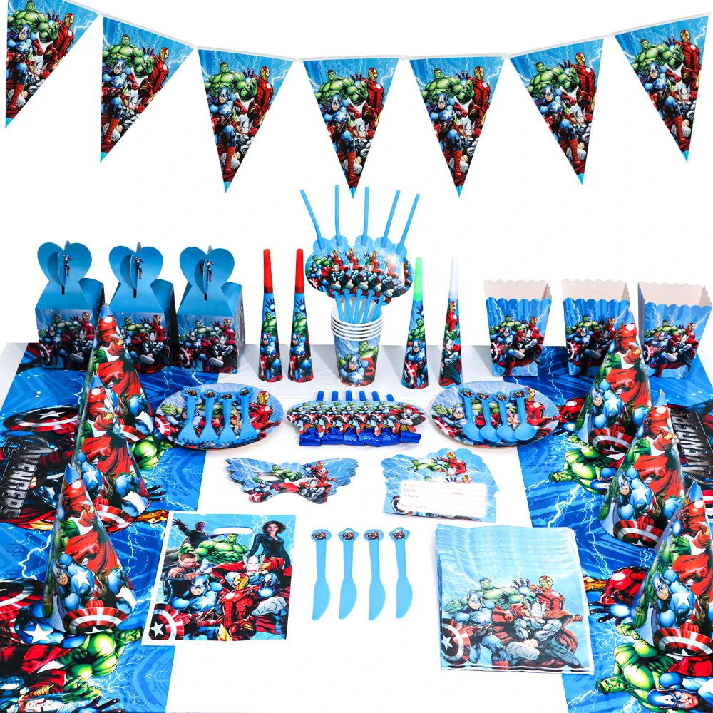 Disney The Avengers Boys Kids Paper Cups Plates Disposable Tableware Birthday Party Decorations Baby Shower For 20 People Use